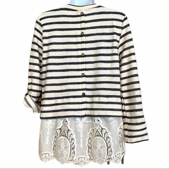Stripe Cream Gray Light Sweater Sz Small Layered Top Nautical Casual Lace Summer - Picture 4 of 12